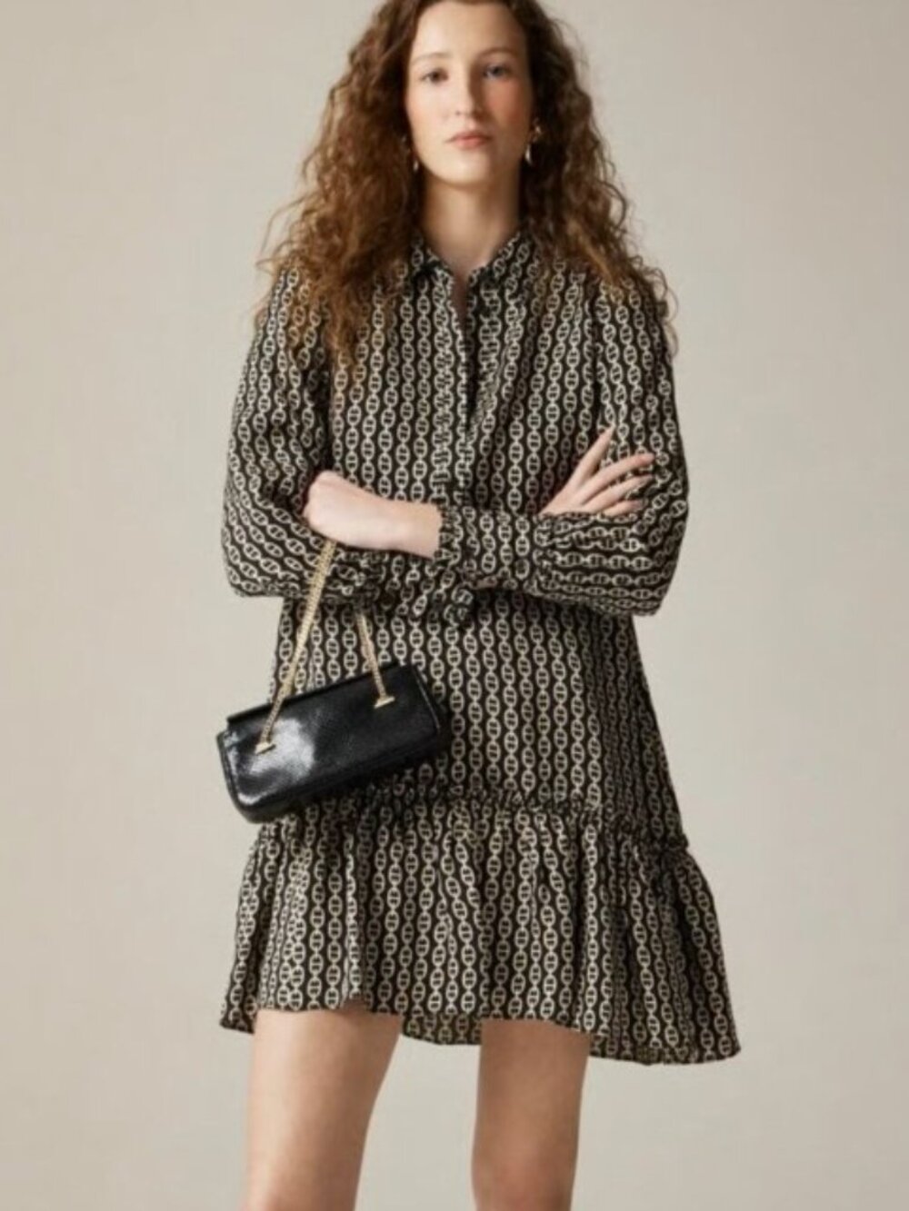 J. Crew Amelia Popover Ruffled Shirt Dress Black Cream Chain-Print Lined  XS